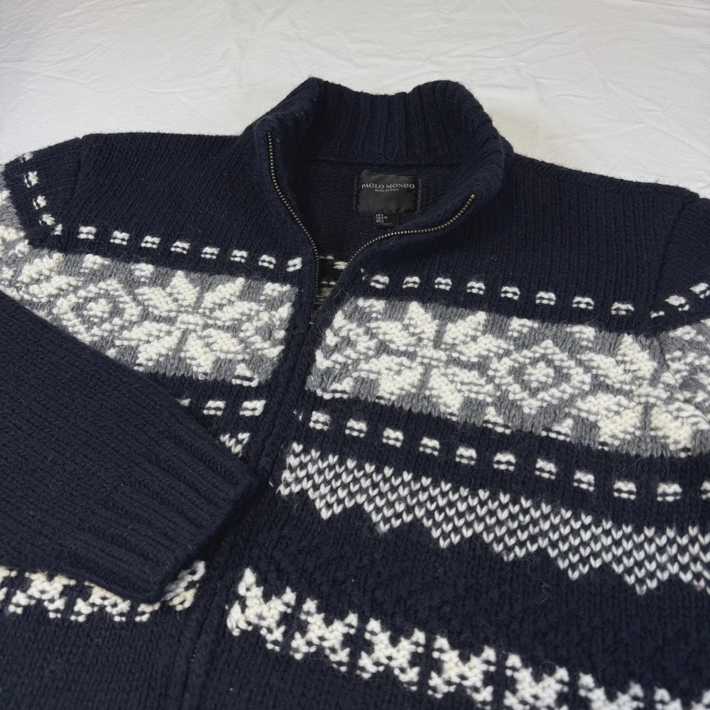 Vintage Paolo Mondo Cardigan Sweater Fair Isle Wool Blend Men's Large Italy Made